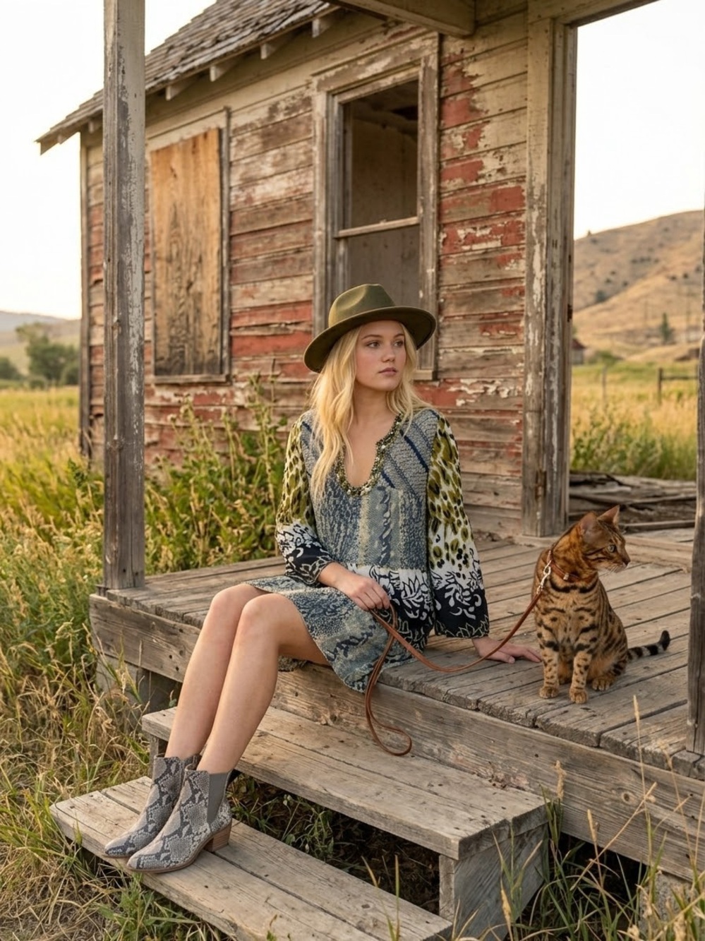 Boho V-Neck Mini Dress in Olive and Navy Print